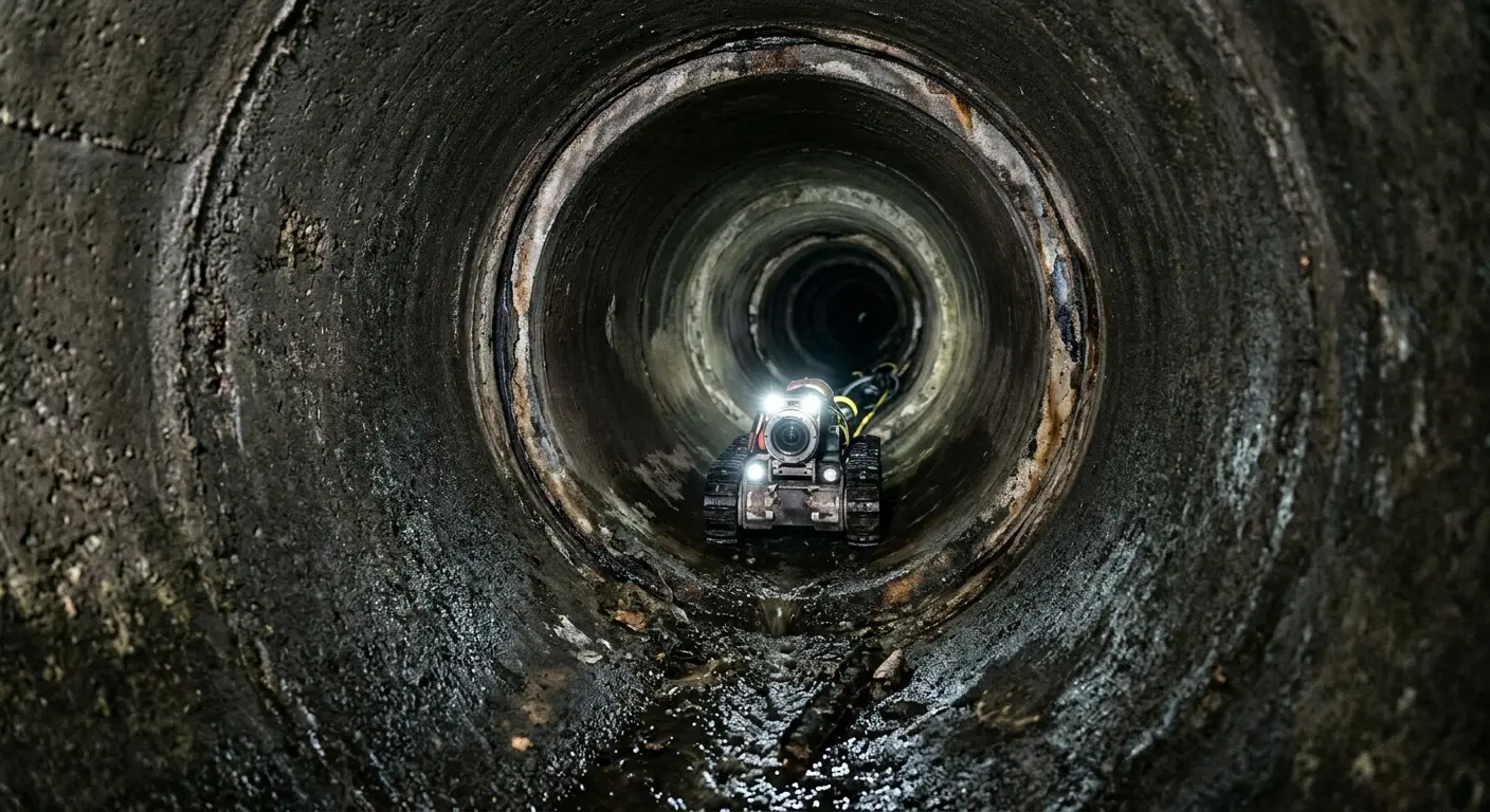 Robotic sewer camera inspecting pipe interior for Sewer Line Cleaning in Warwick