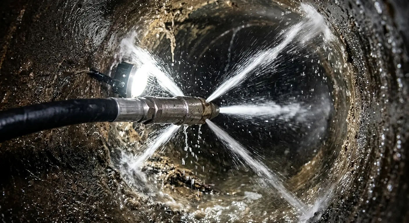 High-pressure hydro jetting nozzle cleaning sewer pipe for Trenchless Sewer Repair in Warwick