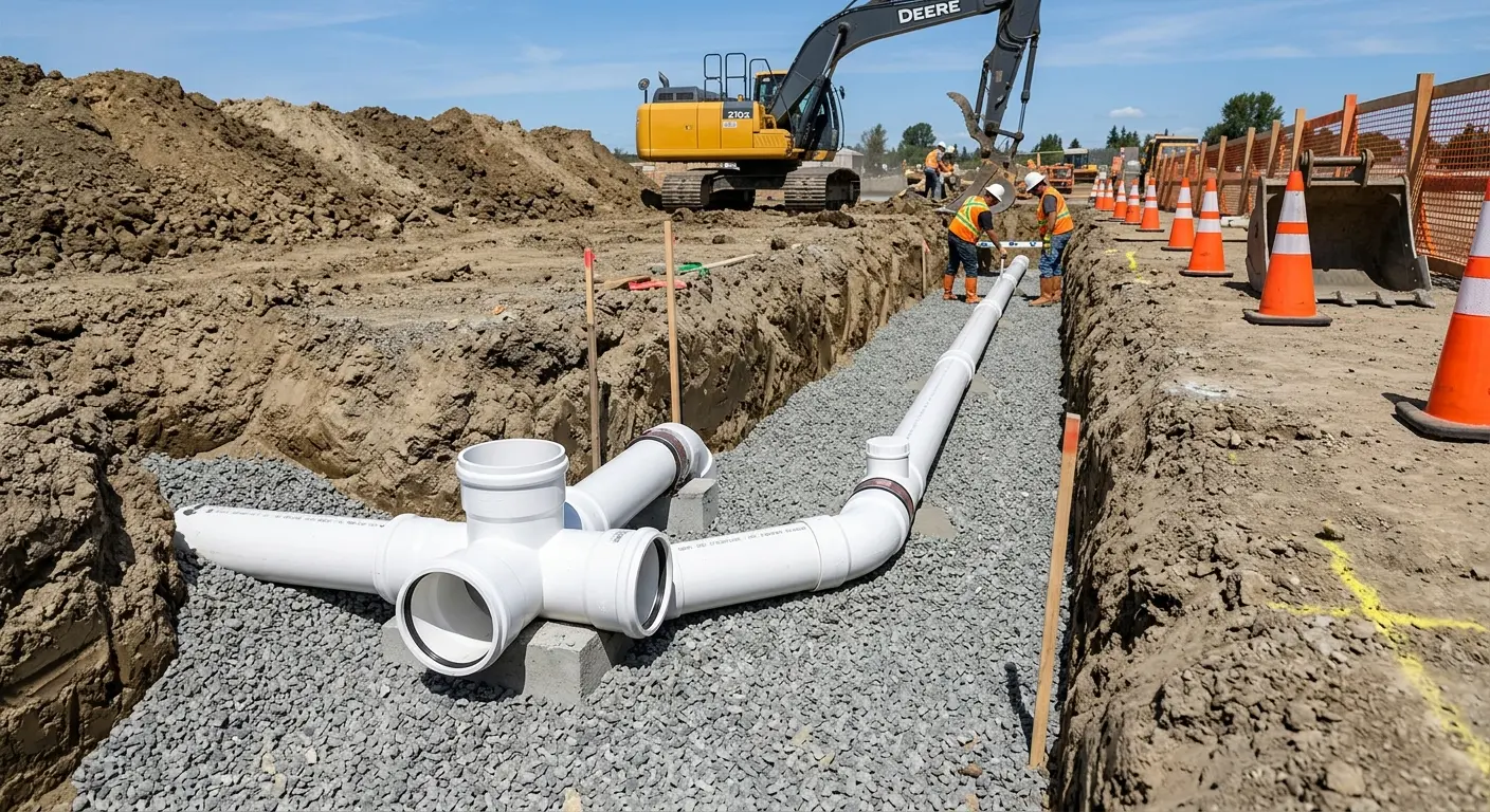 New PVC sewer pipe installation in open trench for Sewer Backup in Warwick
